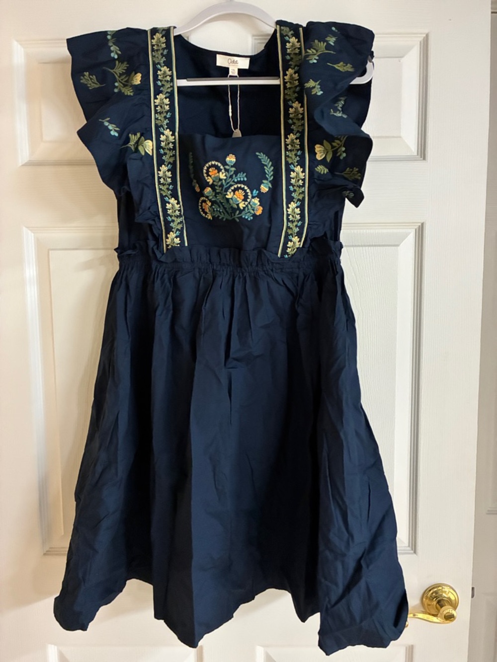 Navy Floral-Embroidered Ruffle Sleeve Dress